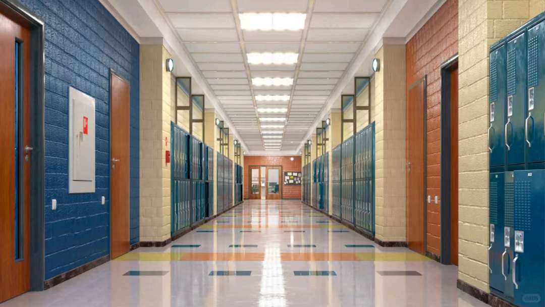 US high school hallway with lockers